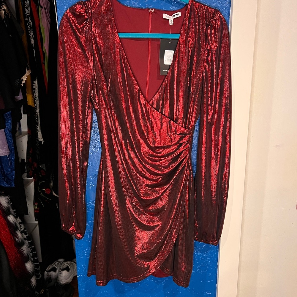 Red Metallic Wrap Dress